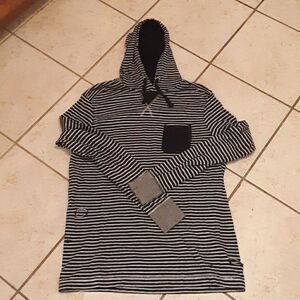 HUDSON & BARROW BLACK & WHITE DISTRESSED STRIPED HOODED LONG SLEEVE TEE SMALL